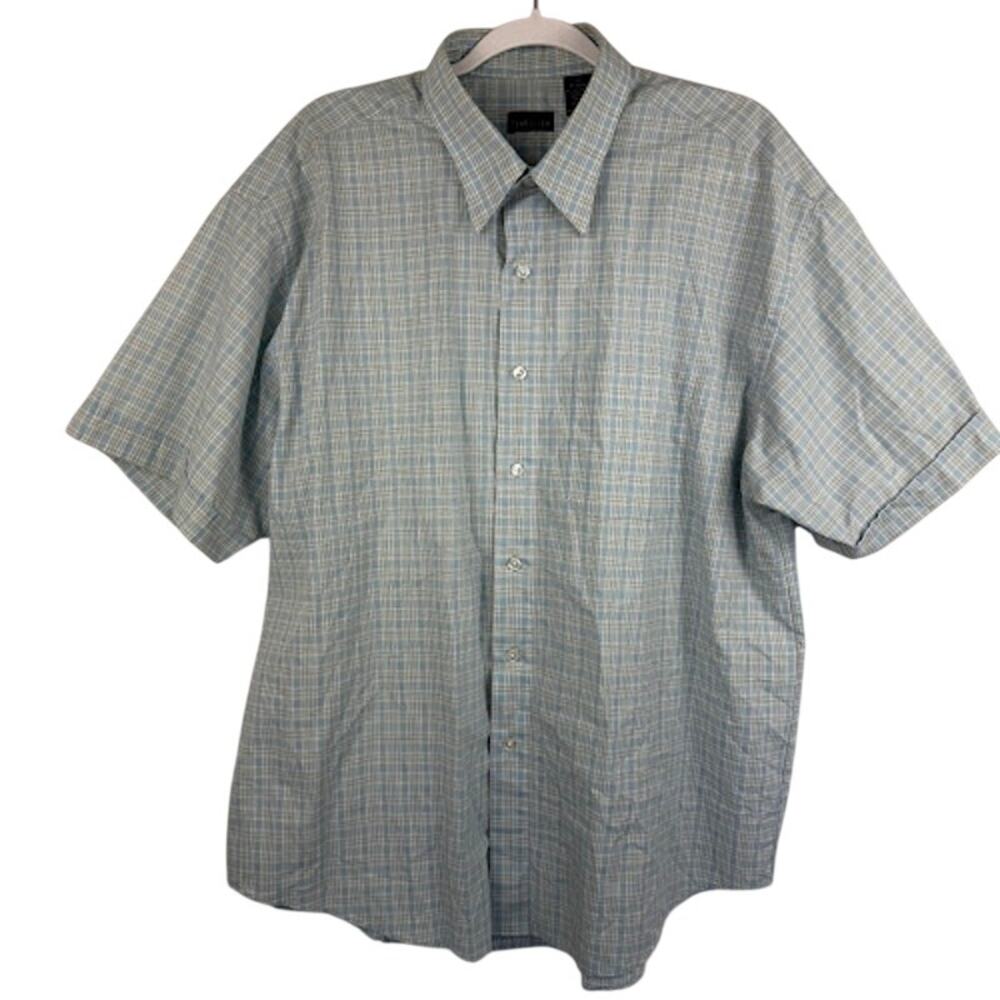 Van Heusen Short Sleeve Button Up Shirt Light Blue Plaid Men’s XL 17–17.5